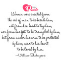 Picture with quote men & women by William Shakespeare - Women were created from the rib of man to be...