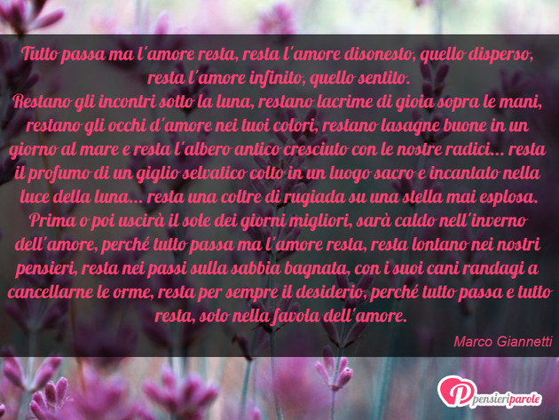 Immagine con frase amore di Marco Giannetti - Tutto passa ma l'amore resta, resta l'amore...
